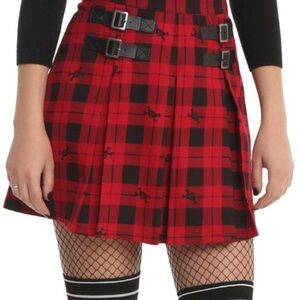 Red Plaid Pleated Skirt with teddy bear crossbones